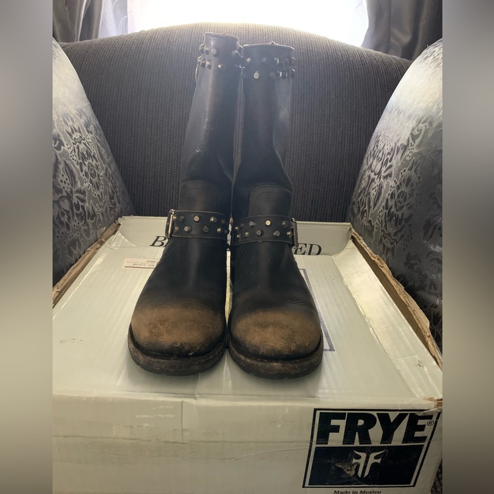 Frye Boots: Distressed Black Leather with Studs.